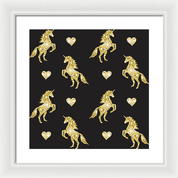 Vector seamless pattern of golden glitter unicorn silhouette isolated on black background - Framed Print