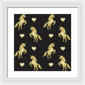 Vector seamless pattern of golden glitter unicorn silhouette isolated on black background - Framed Print