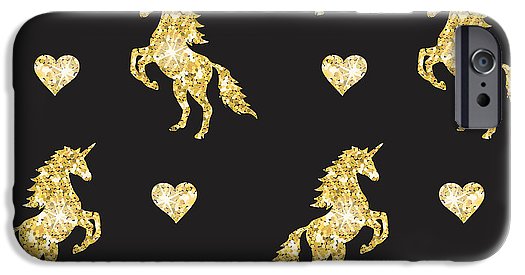 Vector seamless pattern of golden glitter unicorn silhouette isolated on black background - Phone Case