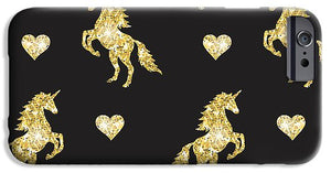 Vector seamless pattern of golden glitter unicorn silhouette isolated on black background - Phone Case