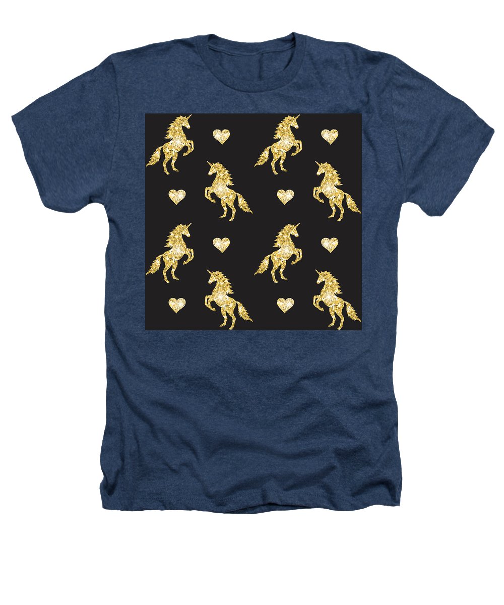 Vector seamless pattern of golden glitter unicorn silhouette isolated on black background - Heathers T-Shirt