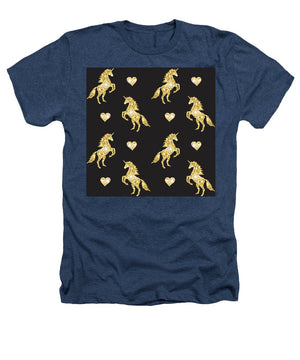 Vector seamless pattern of golden glitter unicorn silhouette isolated on black background - Heathers T-Shirt