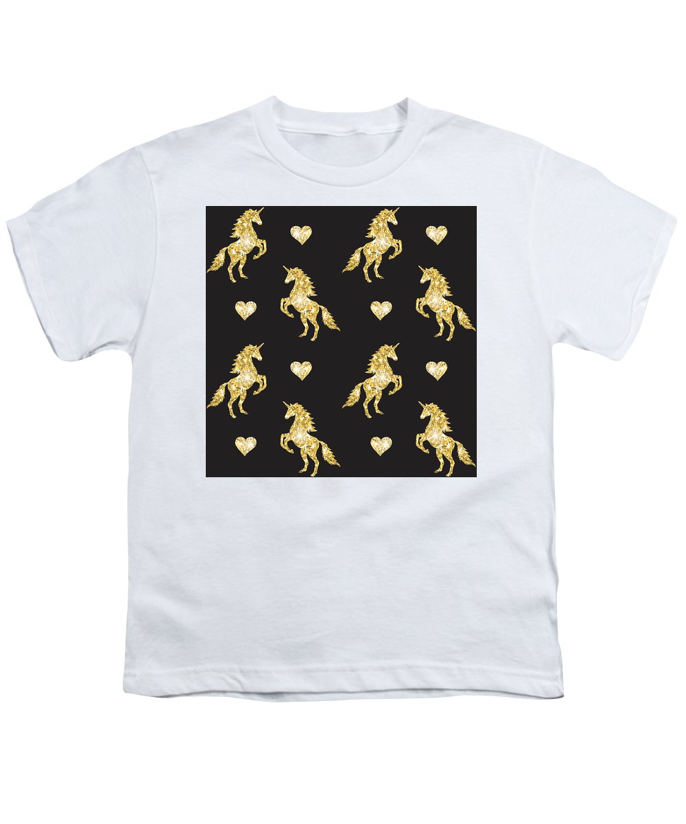 Vector seamless pattern of golden glitter unicorn silhouette isolated on black background - Youth T-Shirt