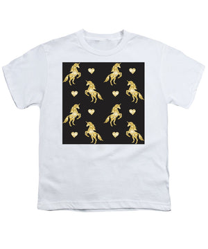 Vector seamless pattern of golden glitter unicorn silhouette isolated on black background - Youth T-Shirt
