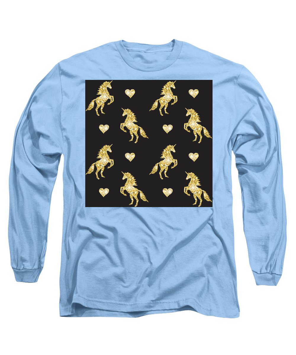 Vector seamless pattern of golden glitter unicorn silhouette isolated on black background - Long Sleeve T-Shirt