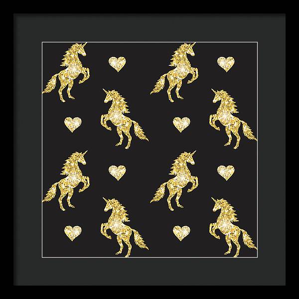 Vector seamless pattern of golden glitter unicorn silhouette isolated on black background - Framed Print