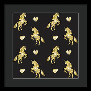 Vector seamless pattern of golden glitter unicorn silhouette isolated on black background - Framed Print