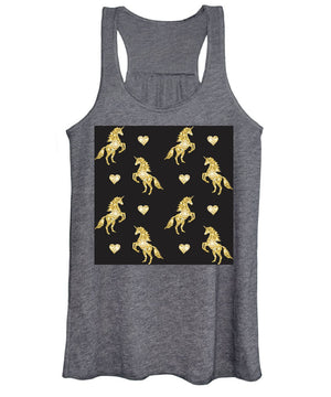 Vector seamless pattern of golden glitter unicorn silhouette isolated on black background - Women's Tank Top