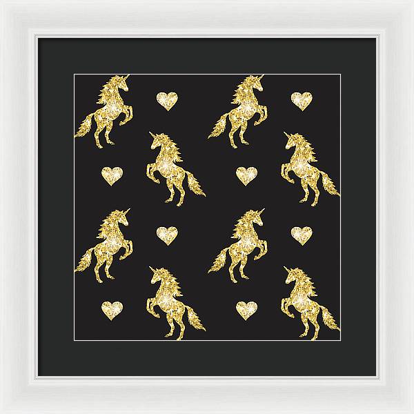 Vector seamless pattern of golden glitter unicorn silhouette isolated on black background - Framed Print