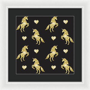 Vector seamless pattern of golden glitter unicorn silhouette isolated on black background - Framed Print
