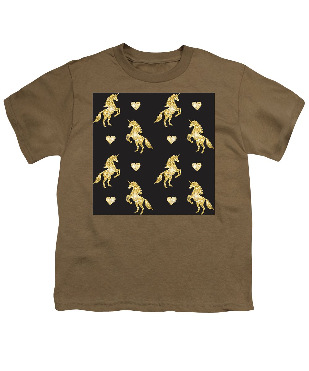 Vector seamless pattern of golden glitter unicorn silhouette isolated on black background - Youth T-Shirt