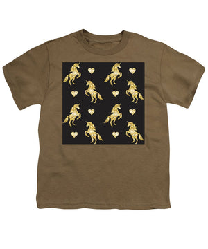 Vector seamless pattern of golden glitter unicorn silhouette isolated on black background - Youth T-Shirt