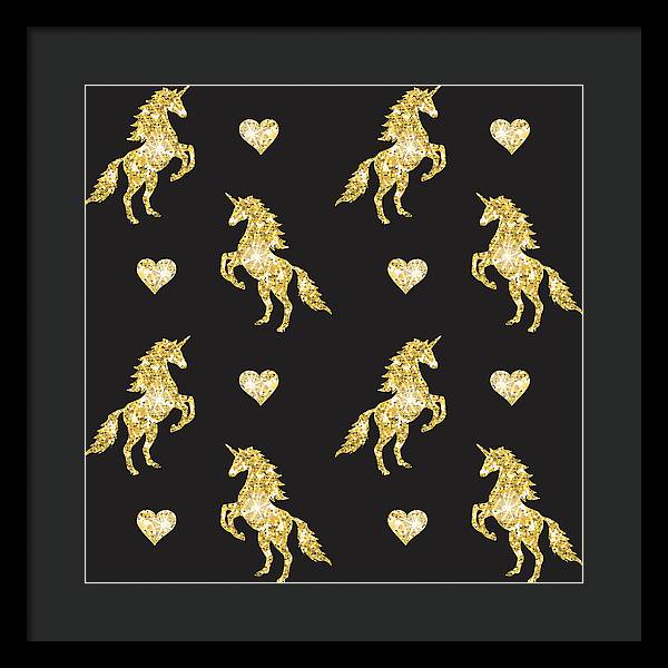 Vector seamless pattern of golden glitter unicorn silhouette isolated on black background - Framed Print