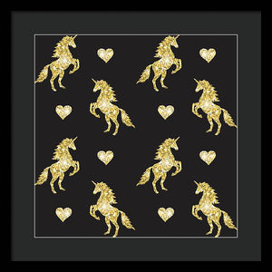 Vector seamless pattern of golden glitter unicorn silhouette isolated on black background - Framed Print