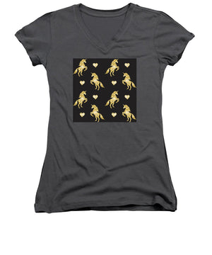 Vector seamless pattern of golden glitter unicorn silhouette isolated on black background - Women's V-Neck