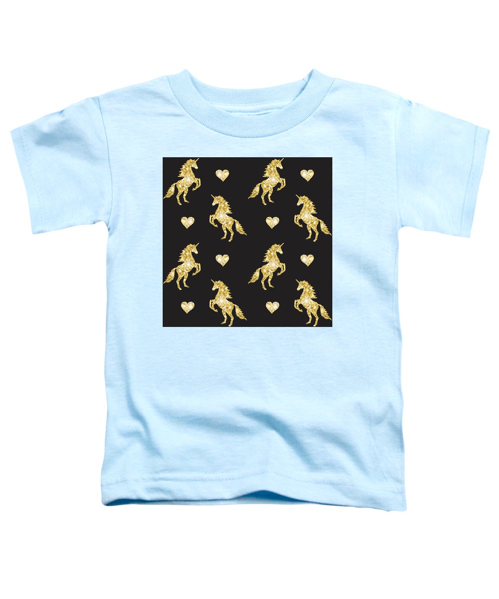 Vector seamless pattern of golden glitter unicorn silhouette isolated on black background - Toddler T-Shirt