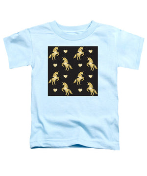 Vector seamless pattern of golden glitter unicorn silhouette isolated on black background - Toddler T-Shirt