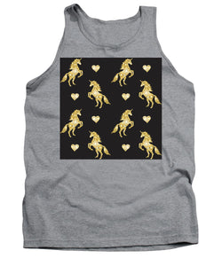 Vector seamless pattern of golden glitter unicorn silhouette isolated on black background - Tank Top