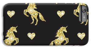 Vector seamless pattern of golden glitter unicorn silhouette isolated on black background - Phone Case
