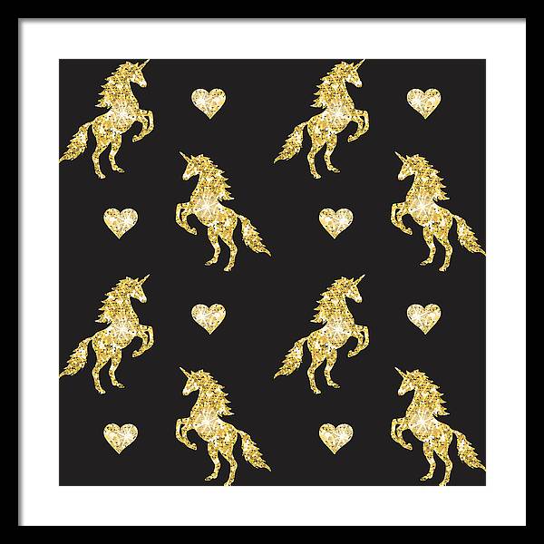 Vector seamless pattern of golden glitter unicorn silhouette isolated on black background - Framed Print