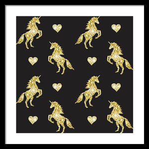 Vector seamless pattern of golden glitter unicorn silhouette isolated on black background - Framed Print