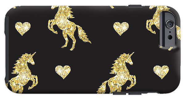 Vector seamless pattern of golden glitter unicorn silhouette isolated on black background - Phone Case