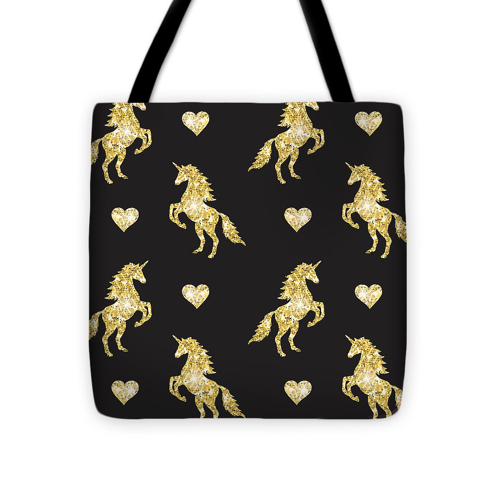 Vector seamless pattern of golden glitter unicorn silhouette isolated on black background - Tote Bag