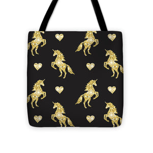 Vector seamless pattern of golden glitter unicorn silhouette isolated on black background - Tote Bag