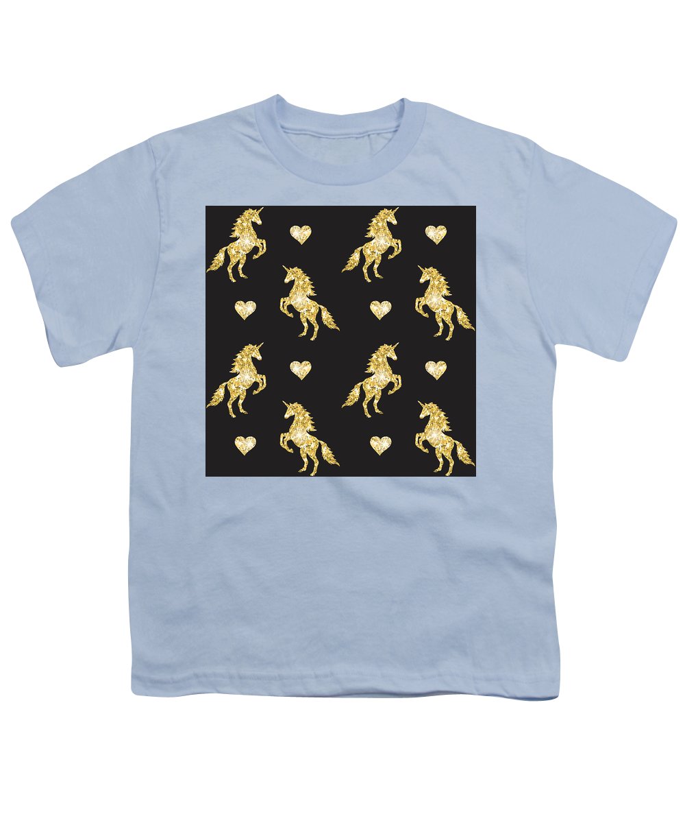Vector seamless pattern of golden glitter unicorn silhouette isolated on black background - Youth T-Shirt