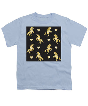 Vector seamless pattern of golden glitter unicorn silhouette isolated on black background - Youth T-Shirt