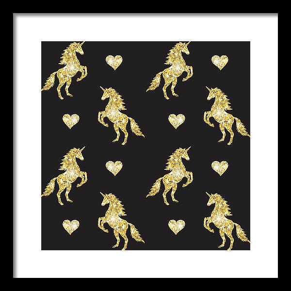 Vector seamless pattern of golden glitter unicorn silhouette isolated on black background - Framed Print