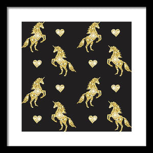 Vector seamless pattern of golden glitter unicorn silhouette isolated on black background - Framed Print