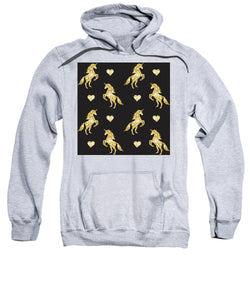 Vector seamless pattern of golden glitter unicorn silhouette isolated on black background - Sweatshirt