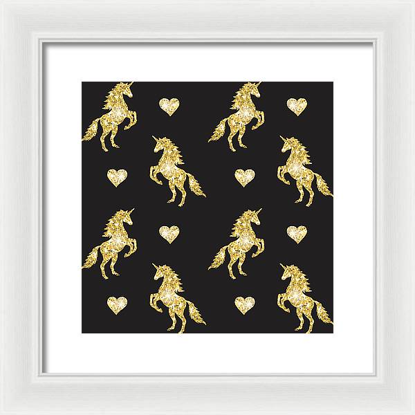 Vector seamless pattern of golden glitter unicorn silhouette isolated on black background - Framed Print
