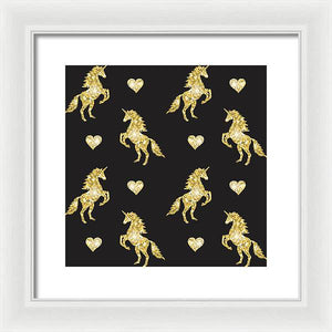 Vector seamless pattern of golden glitter unicorn silhouette isolated on black background - Framed Print
