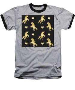 Vector seamless pattern of golden glitter unicorn silhouette isolated on black background - Baseball T-Shirt