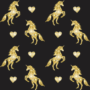Vector seamless pattern of golden glitter unicorn silhouette isolated on black background - Art Print