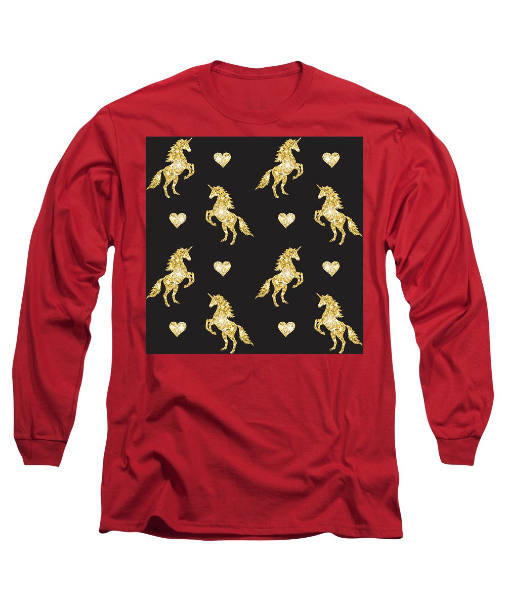 Vector seamless pattern of golden glitter unicorn silhouette isolated on black background - Long Sleeve T-Shirt