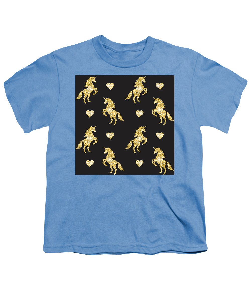 Vector seamless pattern of golden glitter unicorn silhouette isolated on black background - Youth T-Shirt