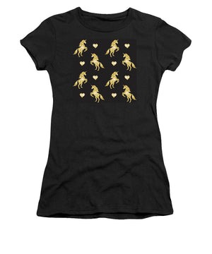 Vector seamless pattern of golden glitter unicorn silhouette isolated on black background - Women's T-Shirt
