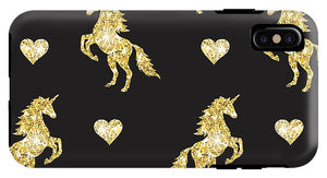 Vector seamless pattern of golden glitter unicorn silhouette isolated on black background - Phone Case
