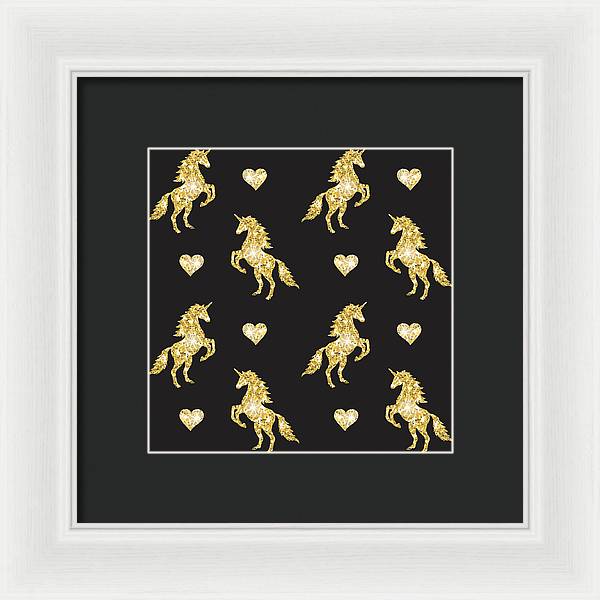 Vector seamless pattern of golden glitter unicorn silhouette isolated on black background - Framed Print