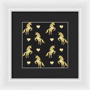Vector seamless pattern of golden glitter unicorn silhouette isolated on black background - Framed Print