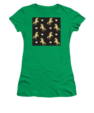 Vector seamless pattern of golden glitter unicorn silhouette isolated on black background - Women's T-Shirt
