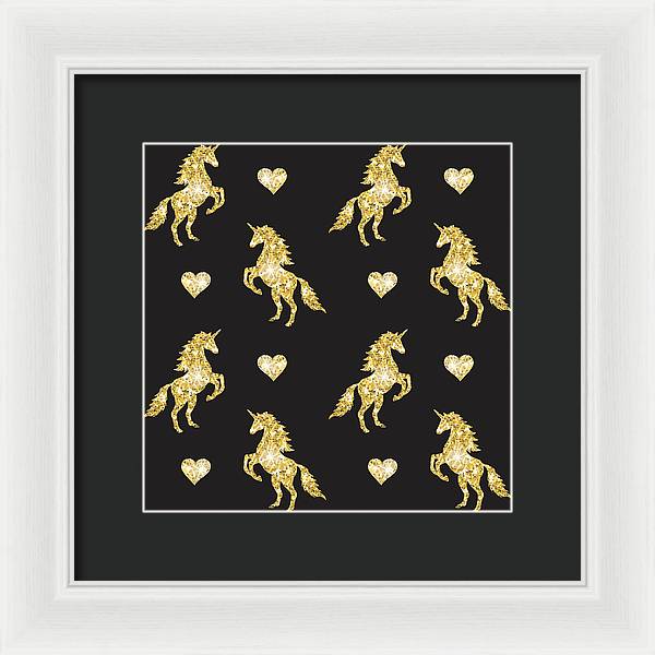 Vector seamless pattern of golden glitter unicorn silhouette isolated on black background - Framed Print