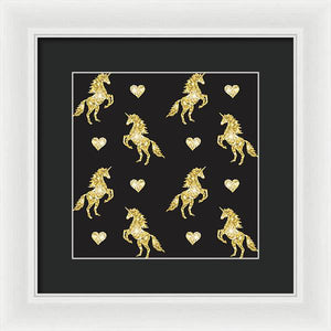 Vector seamless pattern of golden glitter unicorn silhouette isolated on black background - Framed Print