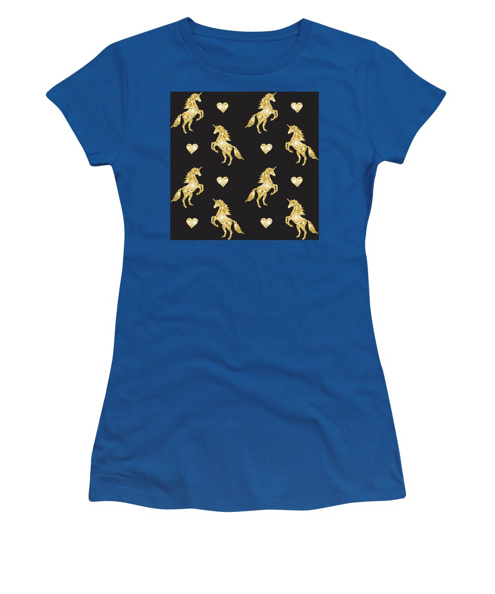 Vector seamless pattern of golden glitter unicorn silhouette isolated on black background - Women's T-Shirt