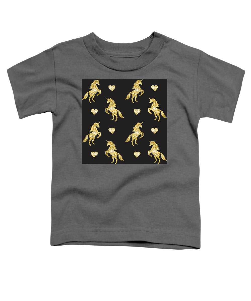 Vector seamless pattern of golden glitter unicorn silhouette isolated on black background - Toddler T-Shirt