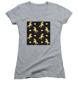 Vector seamless pattern of golden glitter unicorn silhouette isolated on black background - Women's V-Neck