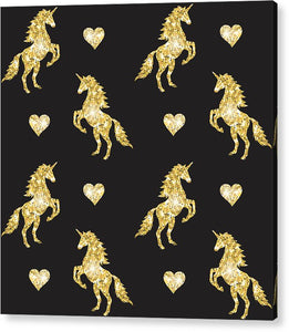 Vector seamless pattern of golden glitter unicorn silhouette isolated on black background - Acrylic Print